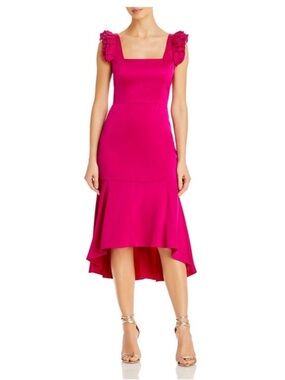 Aidan Mattox Fuchsia Square-Neck High-Low Dress with Ruffled Shoulders